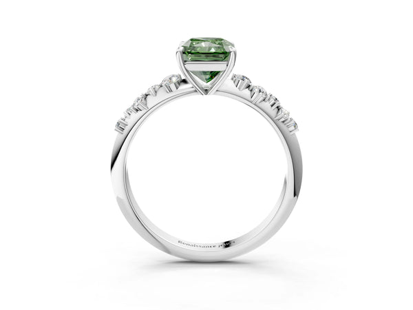 Platinum Fancy Green Radiant Cut Diamond Cluster Side Stone Solitaire Ring with Prong Setting