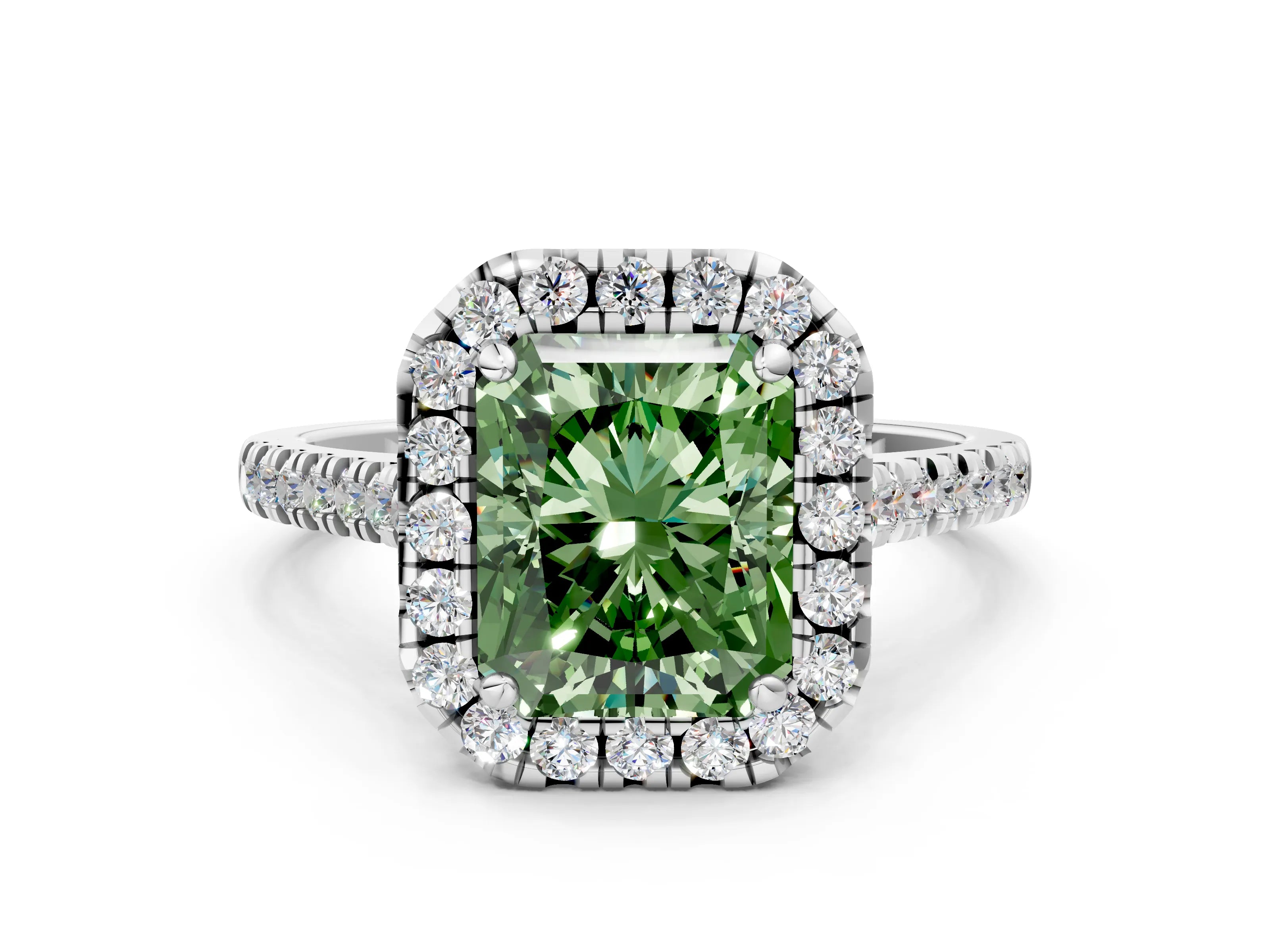 White gold Fancy Green Radiant Cut Diamond Cushion Halo Ring with Pavé Band_12
