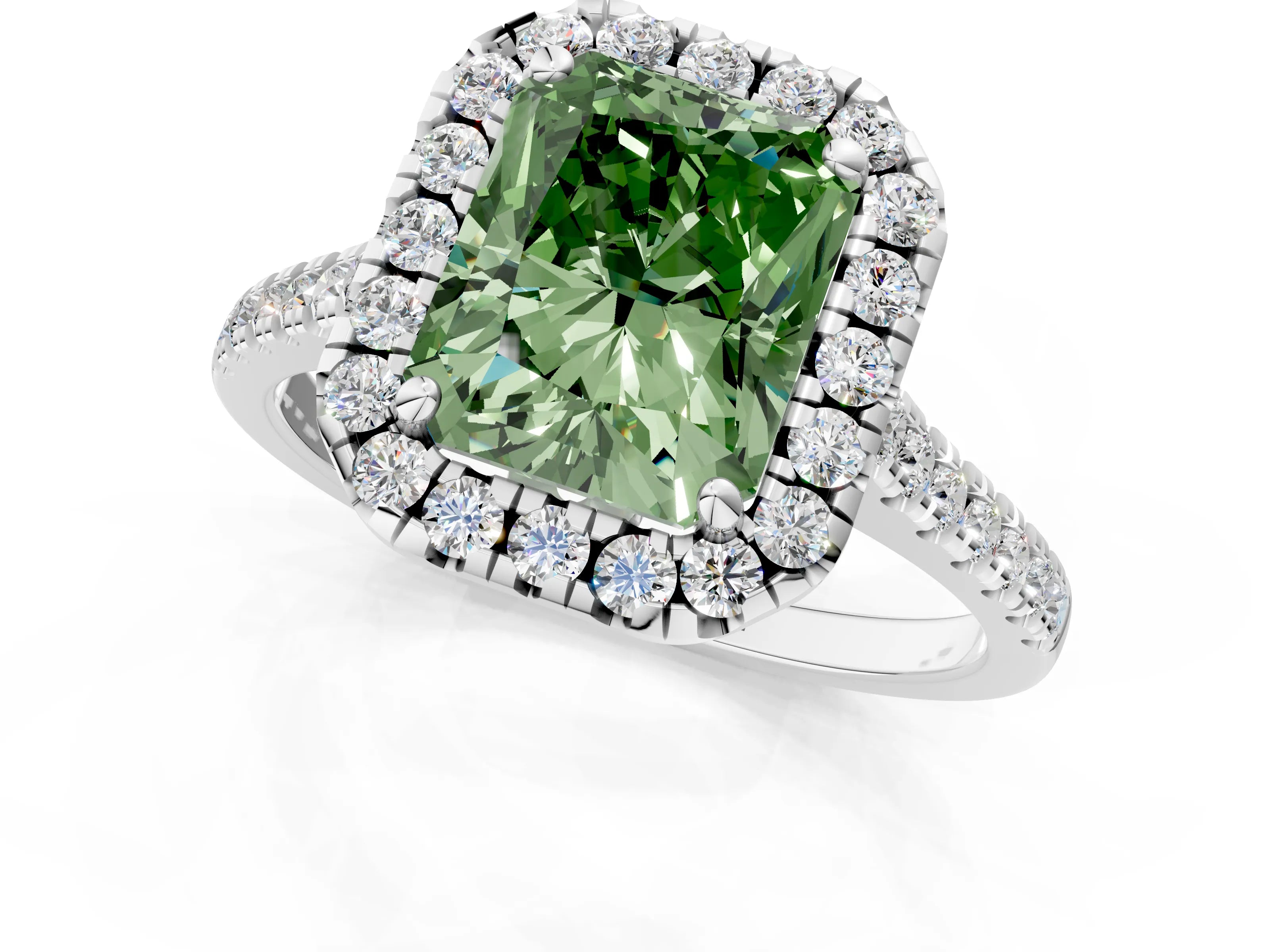 White gold Fancy Green Radiant Cut Diamond Cushion Halo Ring with Pavé Band_13