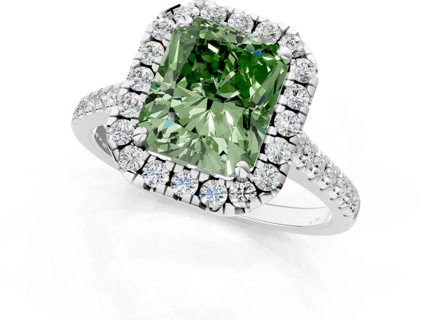 White gold Fancy Green Radiant Cut Diamond Cushion Halo Ring with Pavé Band