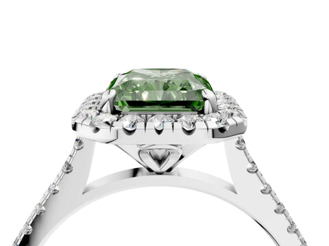 White gold Fancy Green Radiant Cut Diamond Cushion Halo Ring with Pavé Band_16