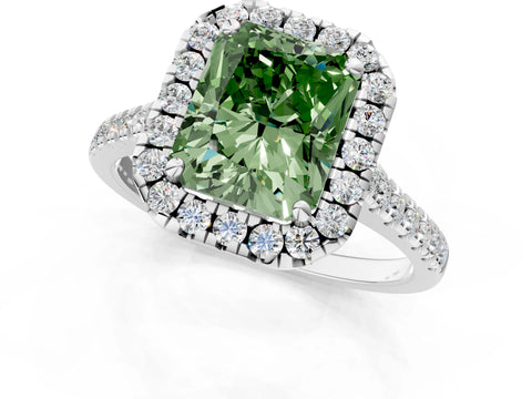 White gold Fancy Green Radiant Cut Diamond Cushion Halo Ring with Pavé Band_1