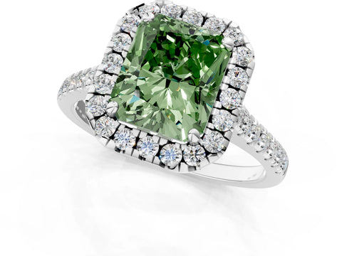 White gold Fancy Green Radiant Cut Diamond Cushion Halo Ring with Pavé Band_1