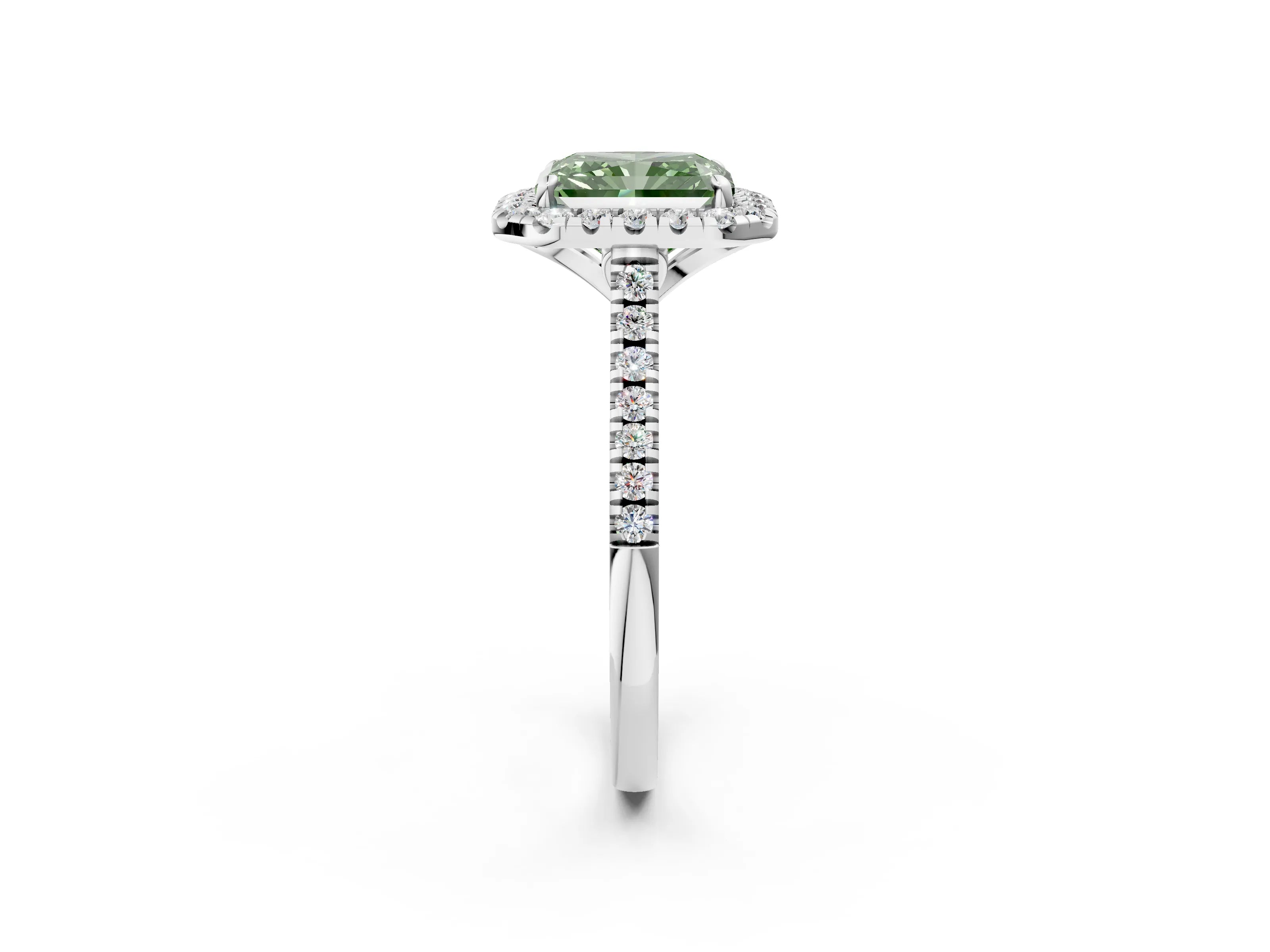 White gold Fancy Green Radiant Cut Diamond Cushion Halo Ring with Pavé Band_2
