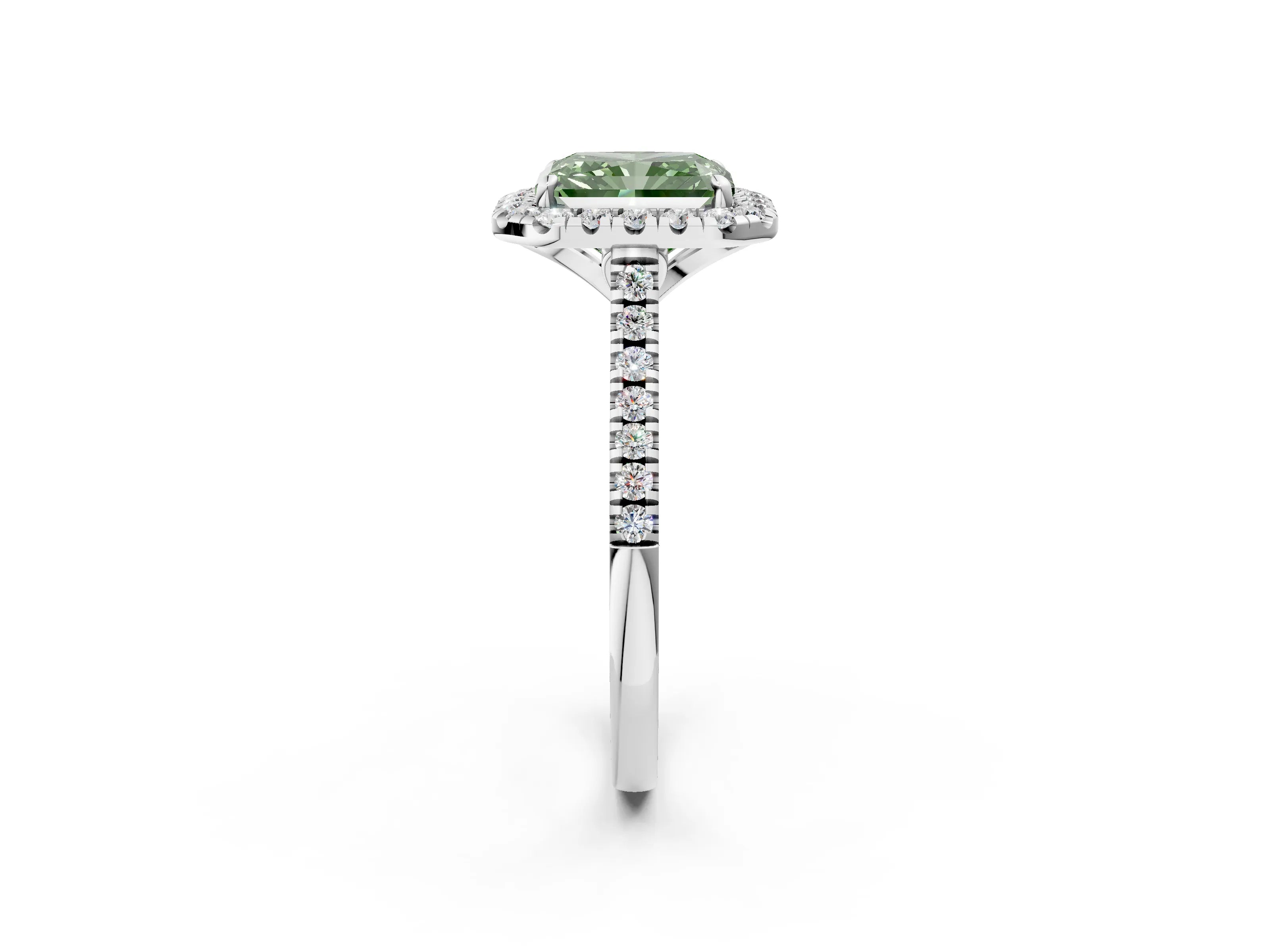 White gold Fancy Green Radiant Cut Diamond Cushion Halo Ring with Pavé Band_2