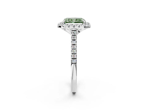 White gold Fancy Green Radiant Cut Diamond Cushion Halo Ring with Pavé Band_2