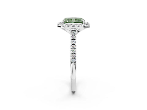 White gold Fancy Green Radiant Cut Diamond Cushion Halo Ring with Pavé Band_2