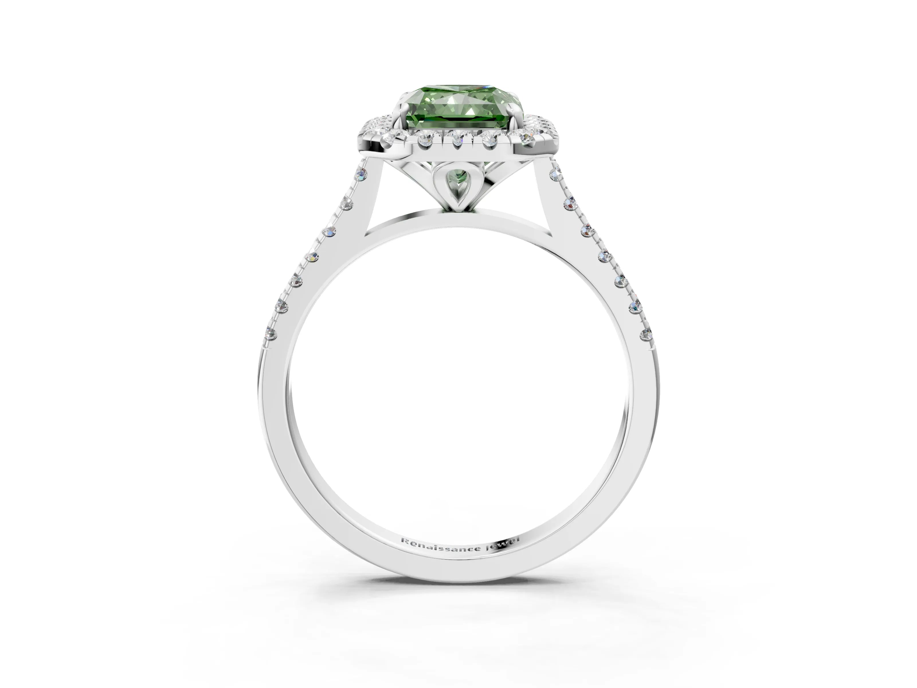 White gold Fancy Green Radiant Cut Diamond Cushion Halo Ring with Pavé Band_3
