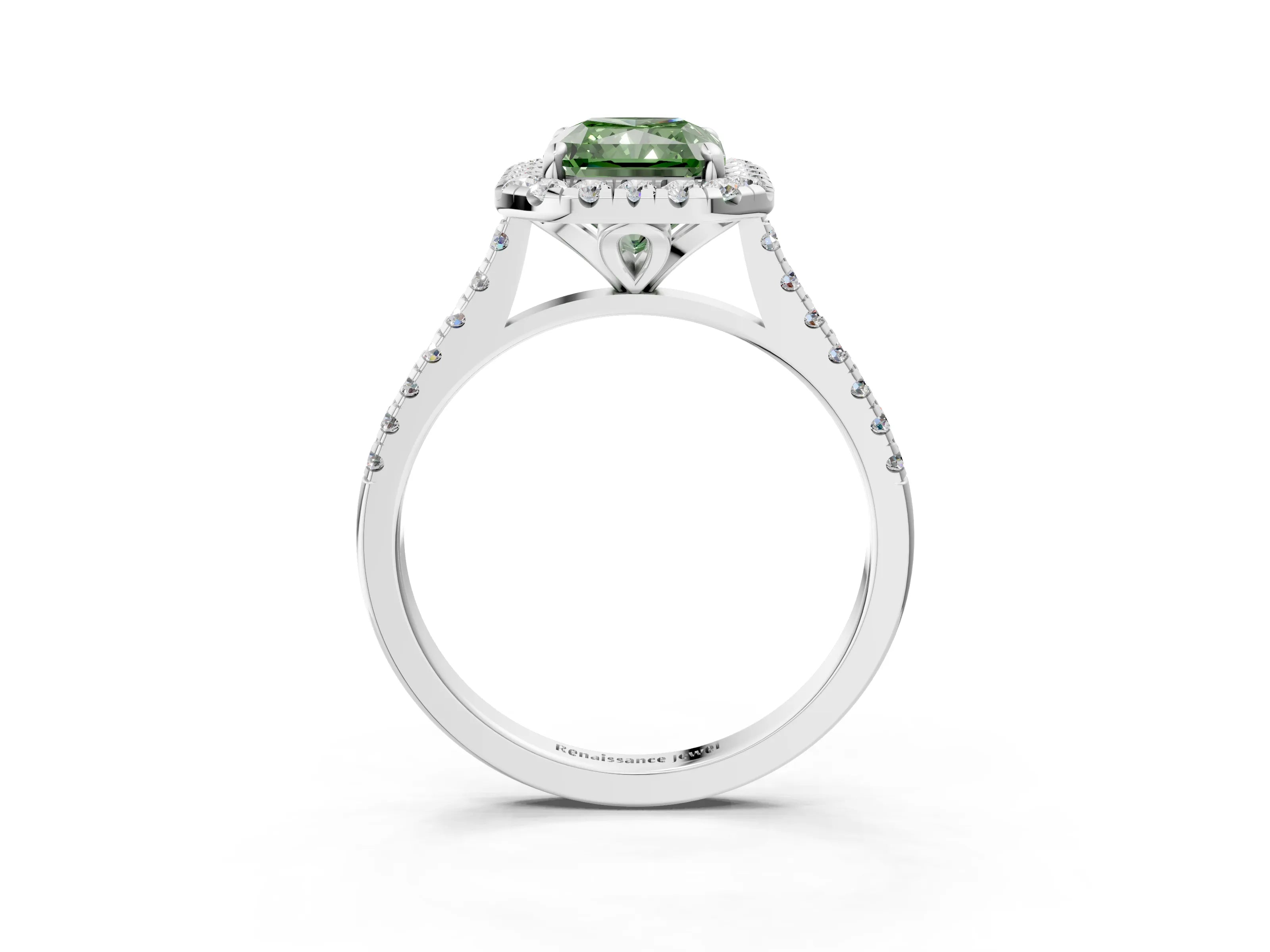 White gold Fancy Green Radiant Cut Diamond Cushion Halo Ring with Pavé Band_3