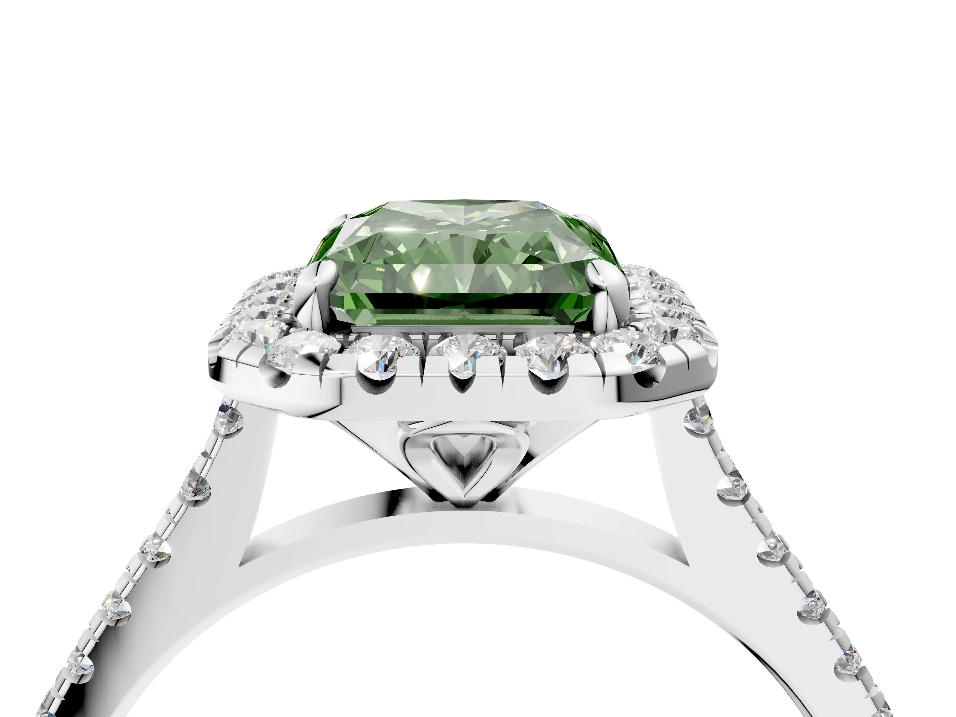 White gold Fancy Green Radiant Cut Diamond Cushion Halo Ring with Pavé Band_4