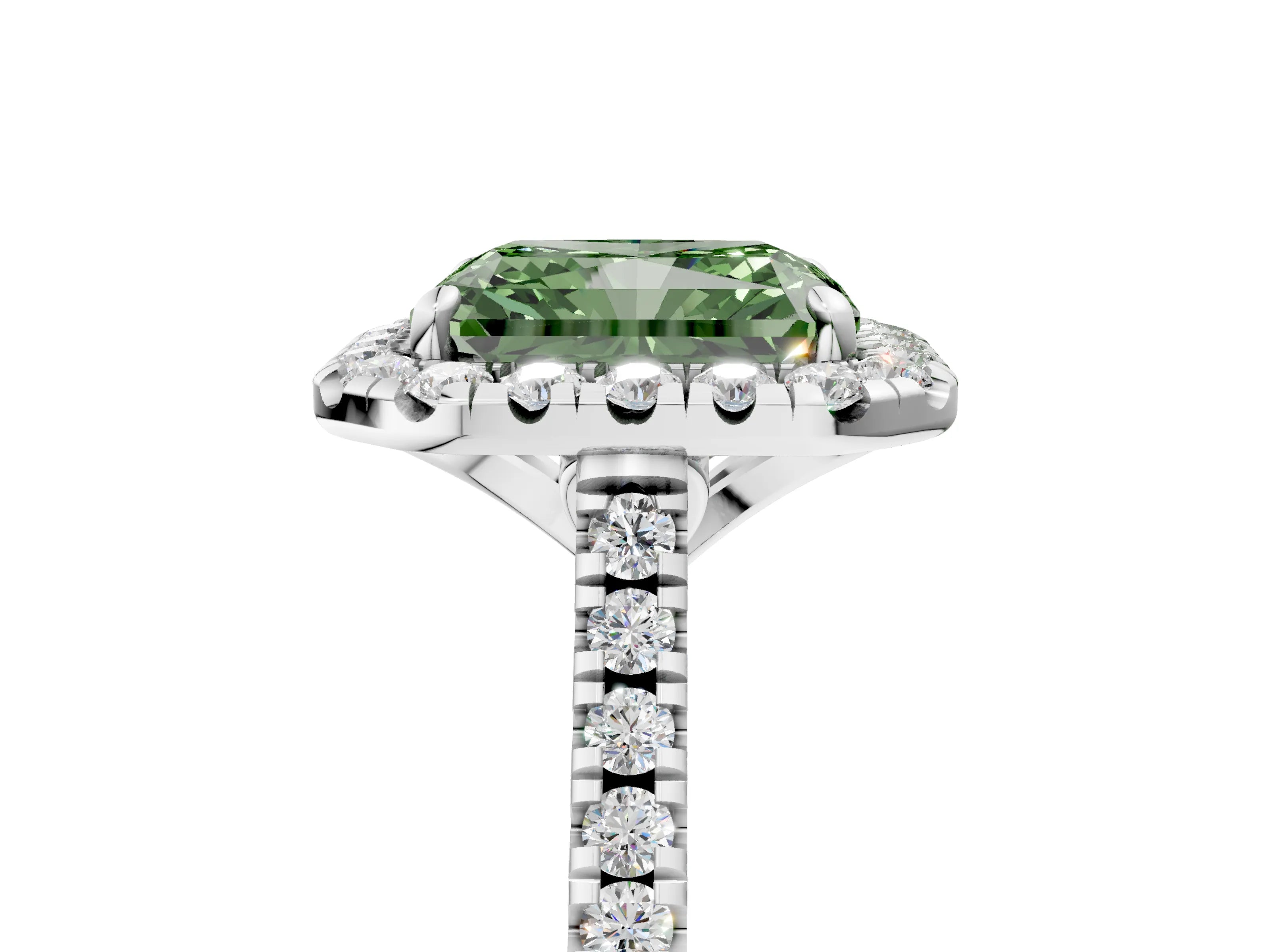 White gold Fancy Green Radiant Cut Diamond Cushion Halo Ring with Pavé Band_5