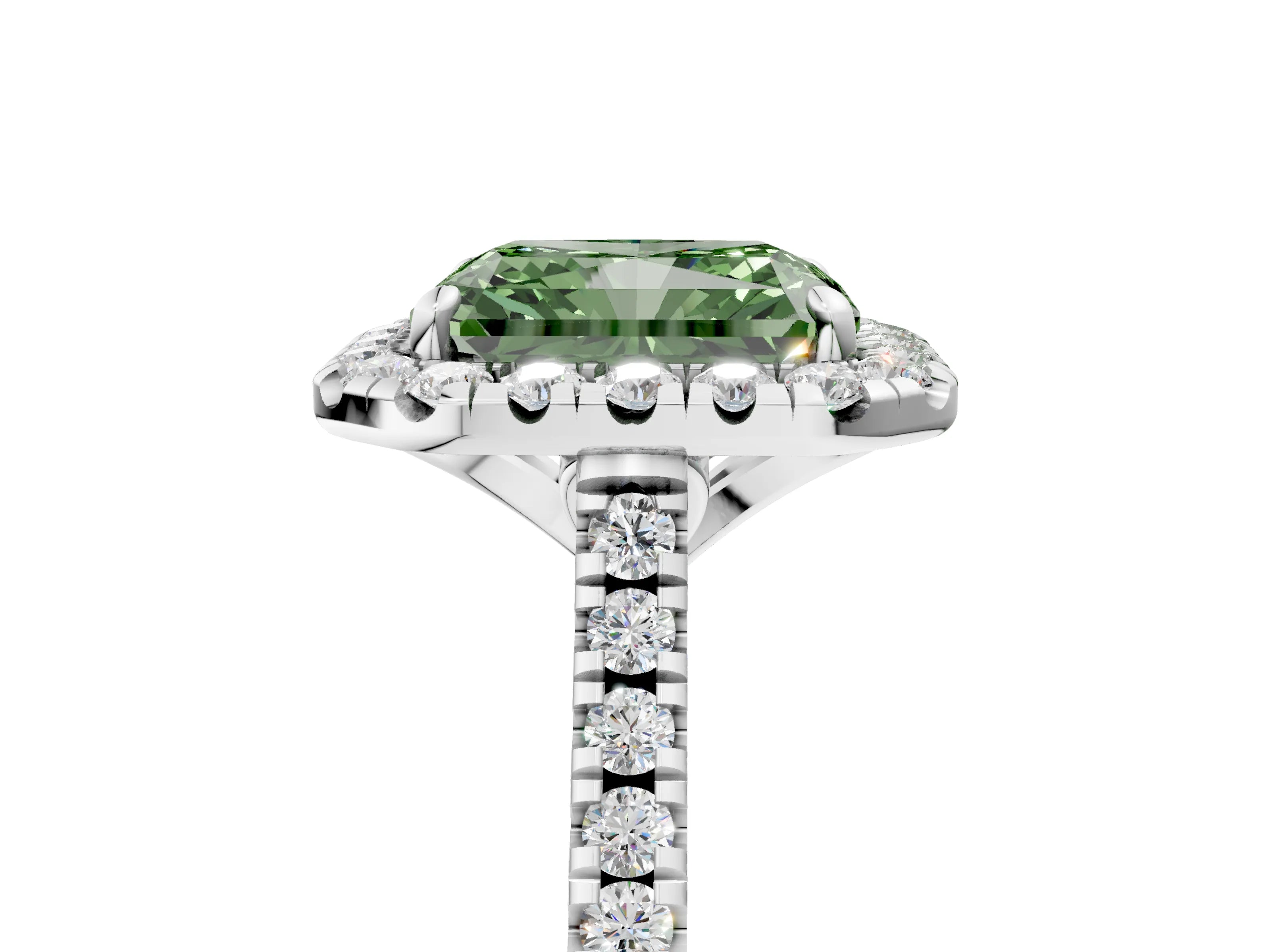 White gold Fancy Green Radiant Cut Diamond Cushion Halo Ring with Pavé Band_5