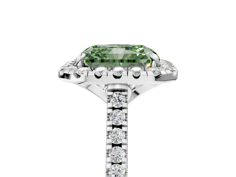 White gold Fancy Green Radiant Cut Diamond Cushion Halo Ring with Pavé Band_5