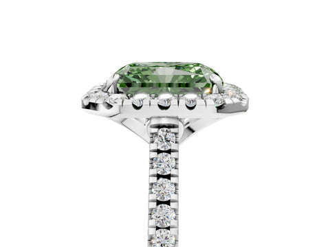 White gold Fancy Green Radiant Cut Diamond Cushion Halo Ring with Pavé Band_5