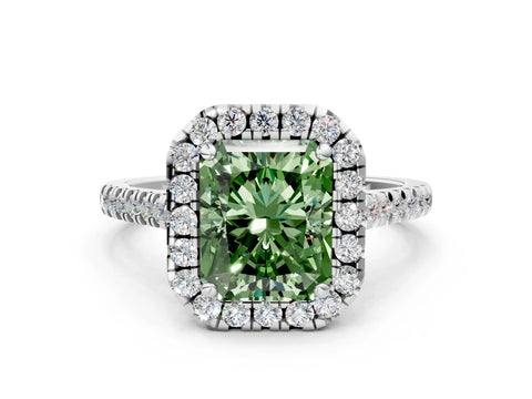 White gold Fancy Green Radiant Cut Diamond Cushion Halo Ring with Pavé Band