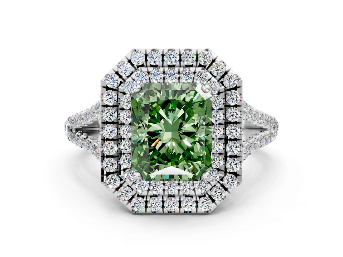 White gold Fancy Green Radiant Cut Diamond Double Halo Ring with Pavé Band and Prong Setting_95