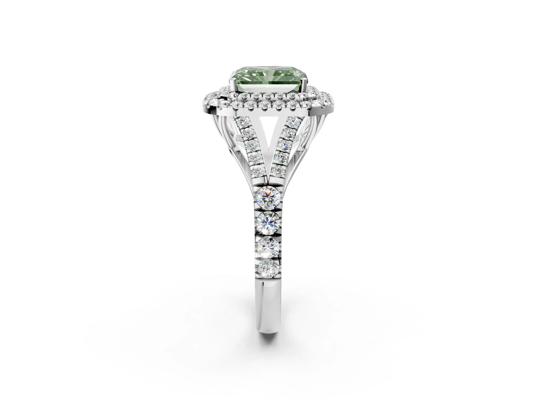 White gold Fancy Green Radiant Cut Diamond Double Halo Ring with Split Shank and Prong Setting_27