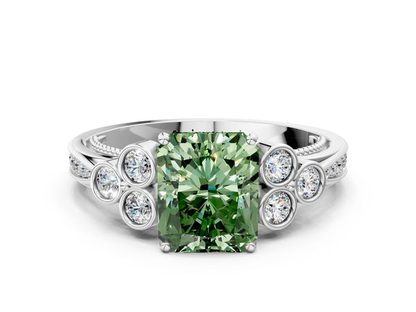 White gold Fancy Green Radiant  Cut Diamond Engagement Ring with Bezel Set Round Side Stones and Prong Setting