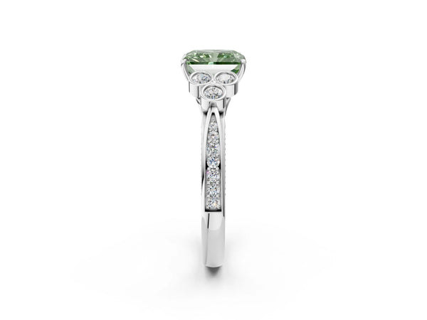 White gold Fancy Green Radiant  Cut Diamond Engagement Ring with Bezel Set Round Side Stones and Prong Setting