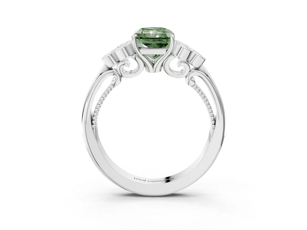 White gold Fancy Green Radiant  Cut Diamond Engagement Ring with Bezel Set Round Side Stones and Prong Setting