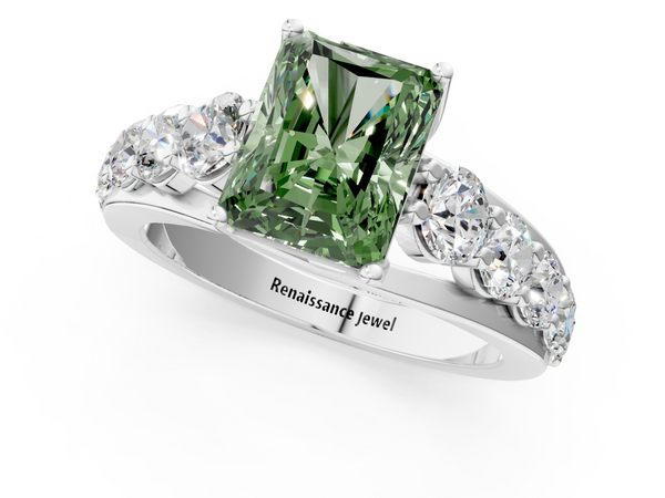 Platinum Fancy Green Radiant Cut Diamond Engagement Ring with Pavé Band and Four-Prong Setting