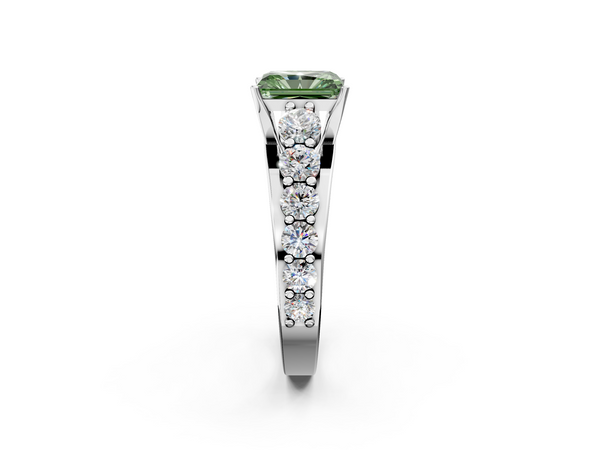 Platinum Fancy Green Radiant Cut Diamond Engagement Ring with Pavé Band and Four-Prong Setting