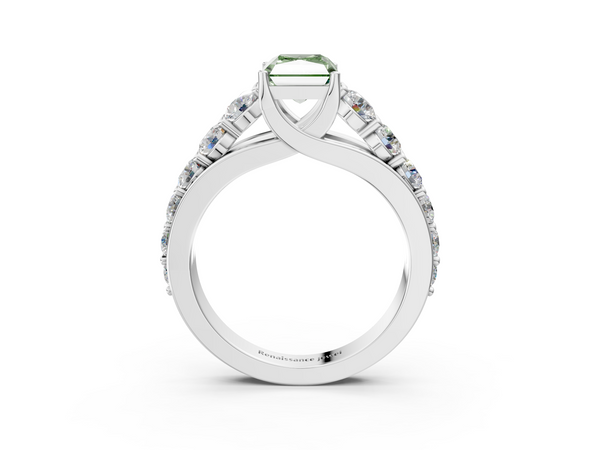 Platinum Fancy Green Radiant Cut Diamond Engagement Ring with Pavé Band and Four-Prong Setting