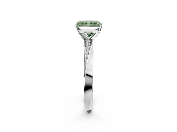 White gold Fancy Green Radiant Cut Diamond Engagement Ring with Side Stone Accents and Four-Prong Setting