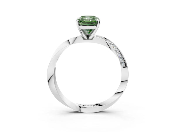 White gold Fancy Green Radiant Cut Diamond Engagement Ring with Side Stone Accents and Four-Prong Setting