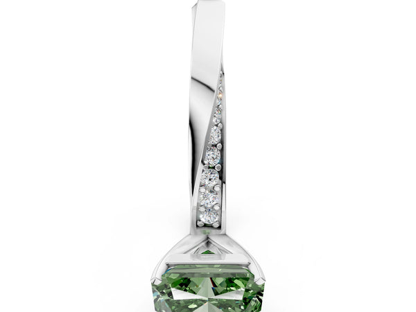 White gold Fancy Green Radiant Cut Diamond Engagement Ring with Side Stone Accents and Four-Prong Setting