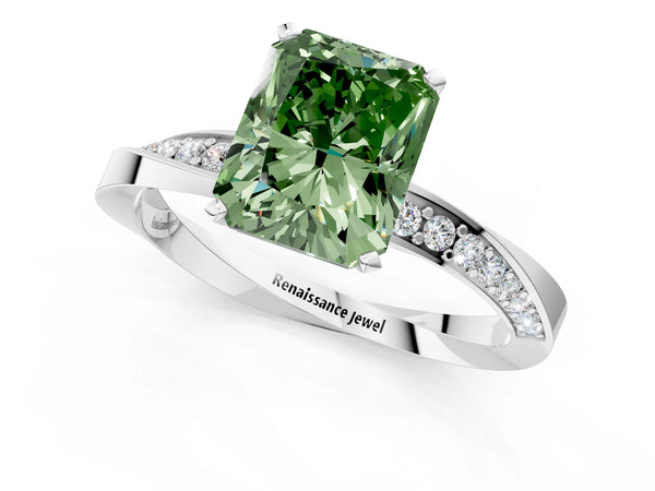 White gold Fancy Green Radiant Cut Diamond Engagement Ring with Side Stone Accents and Four-Prong Setting