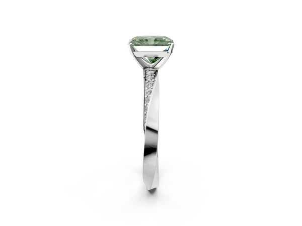 White gold Fancy Green Radiant Cut Diamond Engagement Ring with Side Stone Accents and Four-Prong Setting