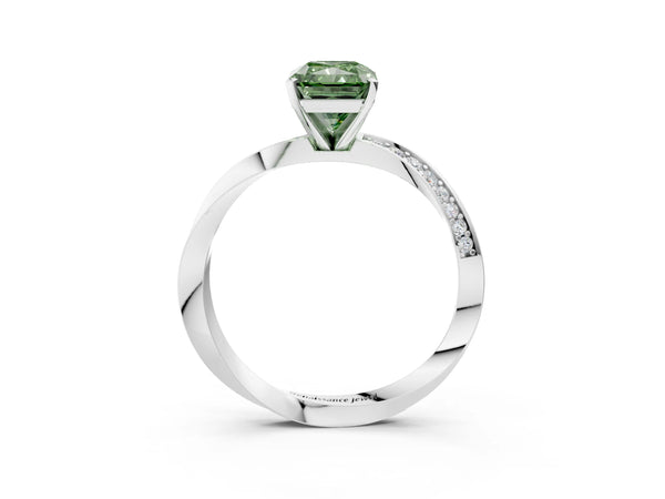 White gold Fancy Green Radiant Cut Diamond Engagement Ring with Side Stone Accents and Four-Prong Setting