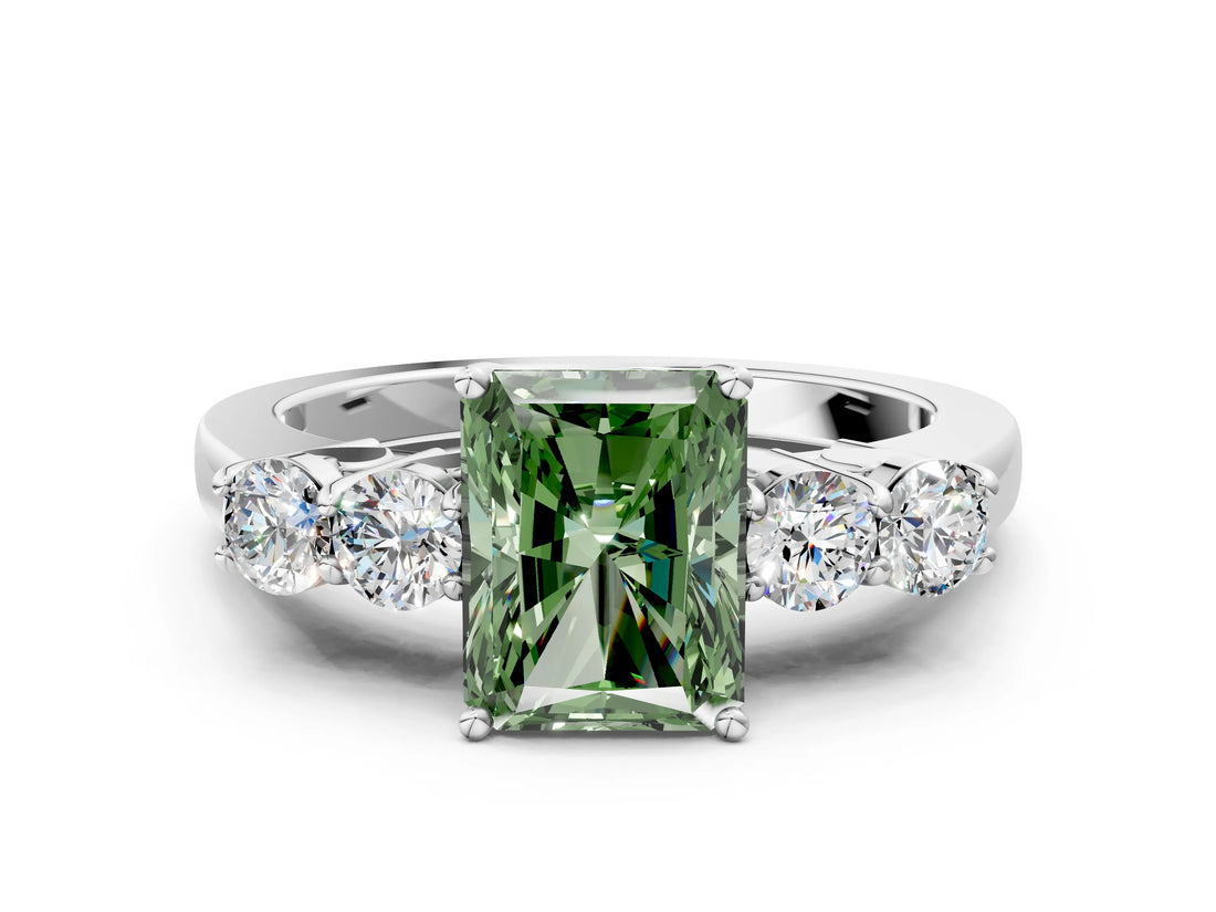 White gold Fancy Green Radiant  Cut Diamond Five-Stone Prong Set White Gold Ring_32