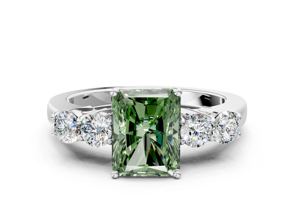 Platinum Fancy Green Radiant  Cut Diamond Five-Stone Prong Set White Gold Ring