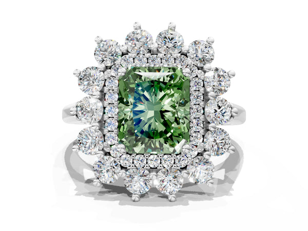 White Gold Radiant Cut Floral Double Halo Engagement Ring Setting for Fancy Green Center