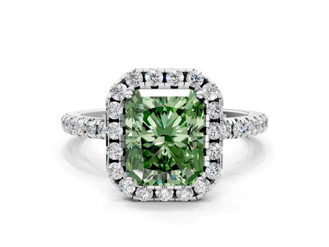 White gold Fancy Green Radiant  Cut Diamond Floral Halo Engagement Ring with Pavé Band and Prong Setting_78
