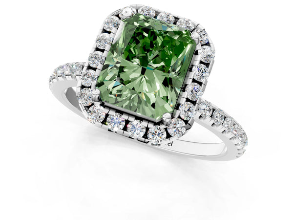 Platinum Fancy Green Radiant  Cut Diamond Floral Halo Engagement Ring with Pavé Band and Prong Setting