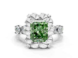 White gold Fancy Green Radiant  Cut Diamond Floral Halo Engagement Ring with Shared Prong Setting
