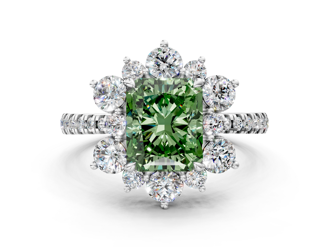White gold Fancy Green Radiant  Cut Diamond Floral Halo Pave Band with Prong Setting_37