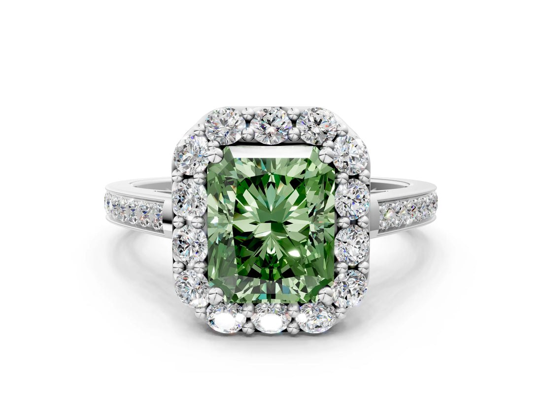 White gold Fancy Green Radiant Cut Diamond Floral Halo Ring with Pavé Band and Prong Setting_7