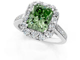 White gold Fancy Green Radiant Cut Diamond Floral Halo Ring with Pavé Band and Prong Setting_8