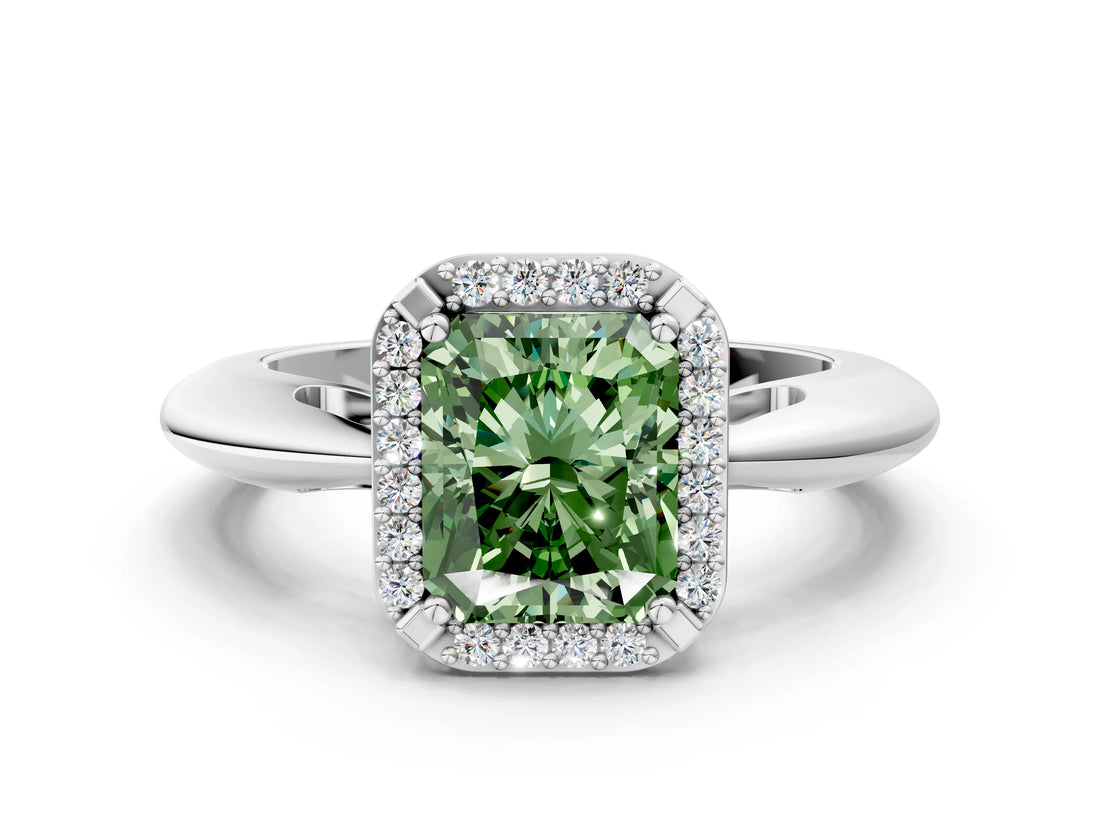 White gold Fancy Green Radiant  Cut Diamond Halo Engagement Ring with Split Shank and Four-Prong Setting_176
