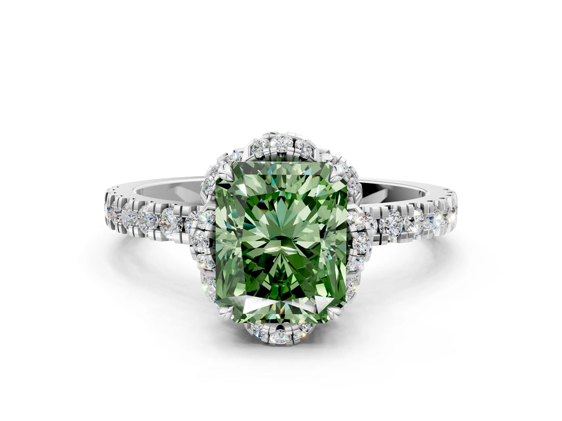 White gold Fancy Green Radiant Cut Diamond Halo Pave Band with Four-Prong Setting_3