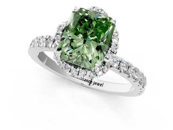White gold Fancy Green Radiant Cut Diamond Halo Pave Band with Four-Prong Setting