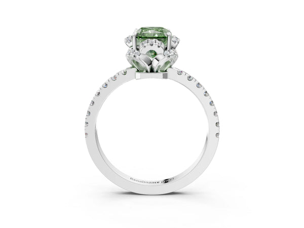 White gold Fancy Green Radiant Cut Diamond Halo Pave Band with Four-Prong Setting