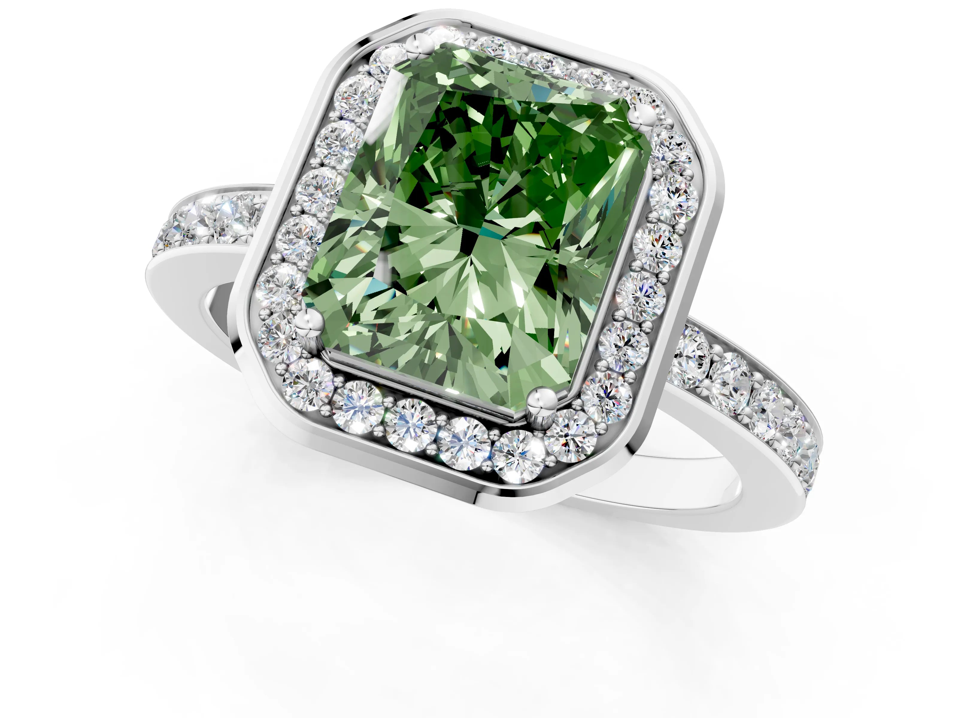 White gold Fancy Green Radiant Cut Diamond Halo Ring with Bezel Frame and Pavé Band_1
