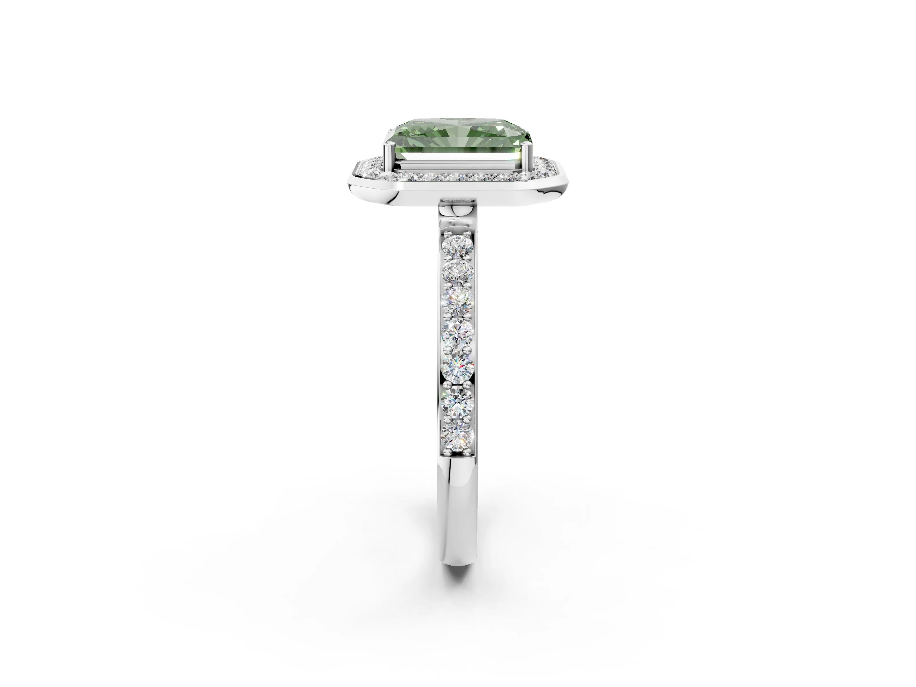 White gold Fancy Green Radiant Cut Diamond Halo Ring with Bezel Frame and Pavé Band_2