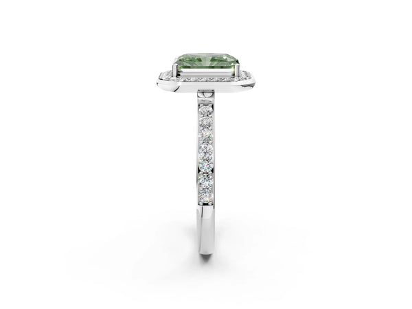 White Gold Radiant Cut Pave Bezel-Rim Halo Engagement Ring Setting for Fancy Green Center
