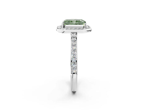 White gold Fancy Green Radiant Cut Diamond Halo Ring with Bezel Frame and Pavé Band_2